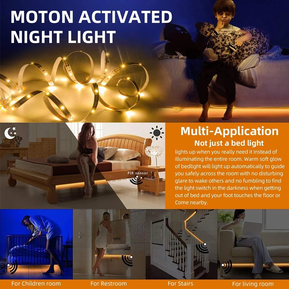 PIR Motion Sensor 5V USB Under Cabinet Light Kit 3000K Warm White 2835 LED Strip Sensor Switch for Steps Under Bed Night Light