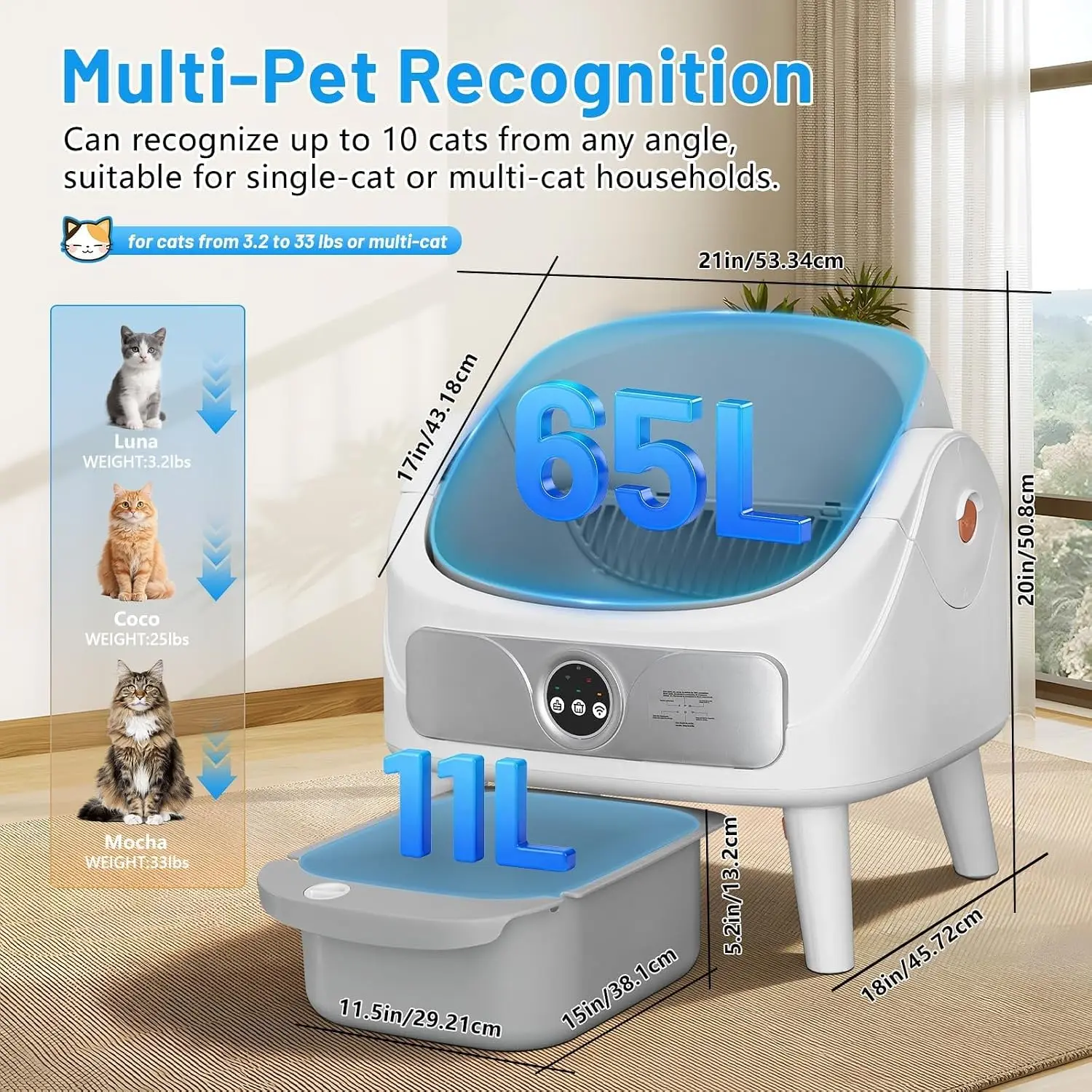 Automatic Litter Box, Open-Top Self Cleaning Cat Litter Box for Multiple Cats, Large Capacity Robot, APP Control,, Customized