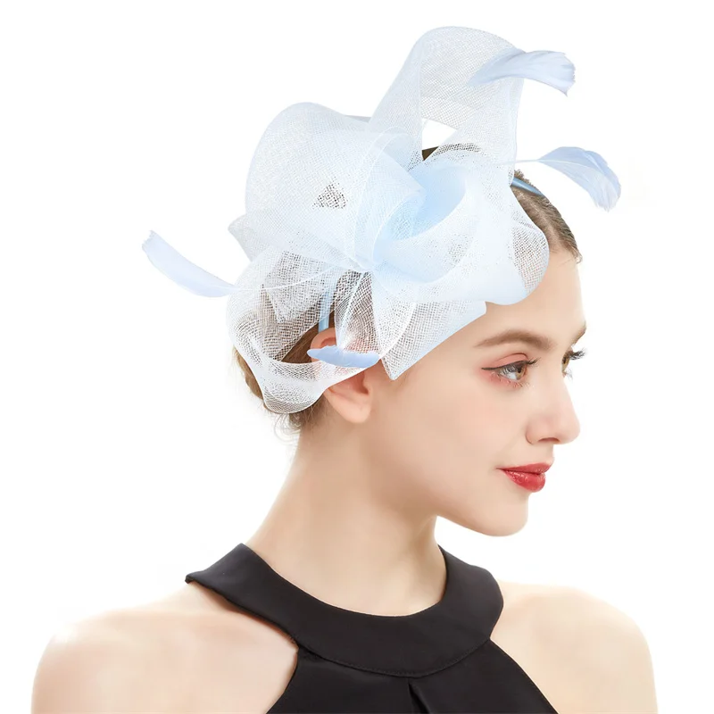 Neuer Braut-Fascinator-Schleifenhut mit Stirnband und Clips, Jockey-Zylinder mit Federn, Hochzeit, Cocktail, Teeparty, Kopfbedeckung für Frauen – Detail 5
