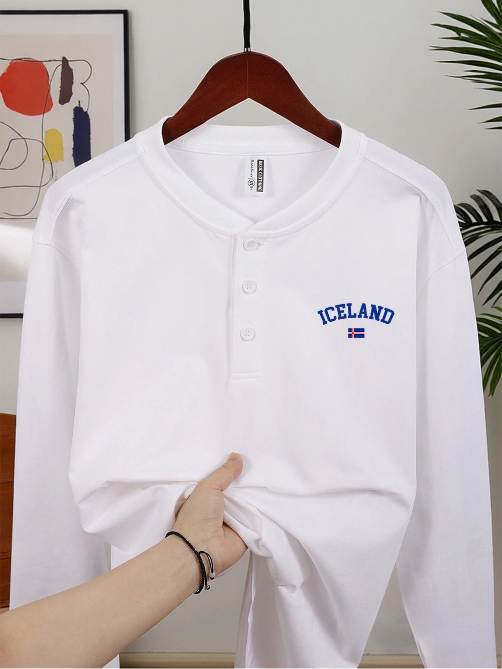 أيسلندا النص مع العلم الطباعة الرجال هينلي قميص القطن الخريف تنفس قميص فضفاض الدافئة القمم الأساسية ملابس بأكمام طويلة #1