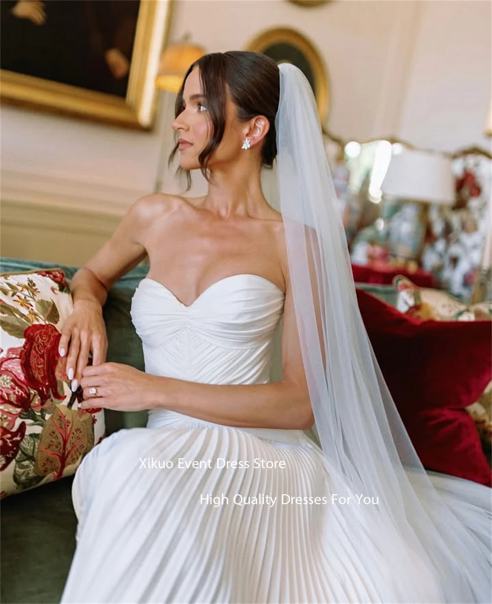 Xikuo فستان زفاف رومانسي على شكل حرف A فستان زفاف شيفون مطوي طول الأرض على شكل قلب بدون أكمام فيستدوس دي نوفيا مخصص