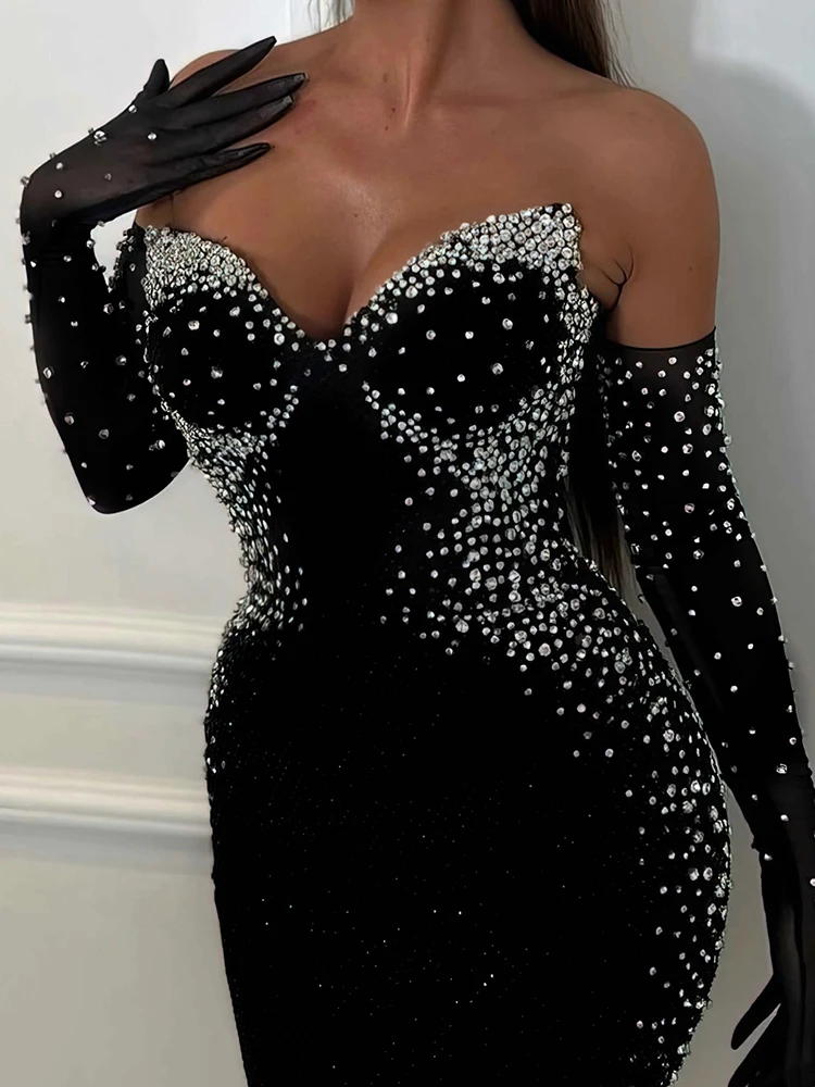 Black Velvet Long Dress Strapless Backless  Maxi Prom Cocktail  Pearls Embellished Party Evening Gown with Gloves Vestidos
