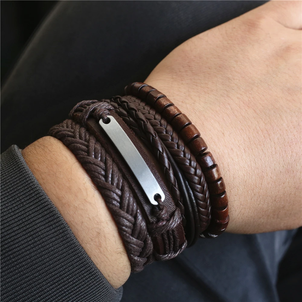 Westbull 5 Pcs/set Men Leather Bracelets Set Handmade Woven Multilayer Vintage Homme Jewelry