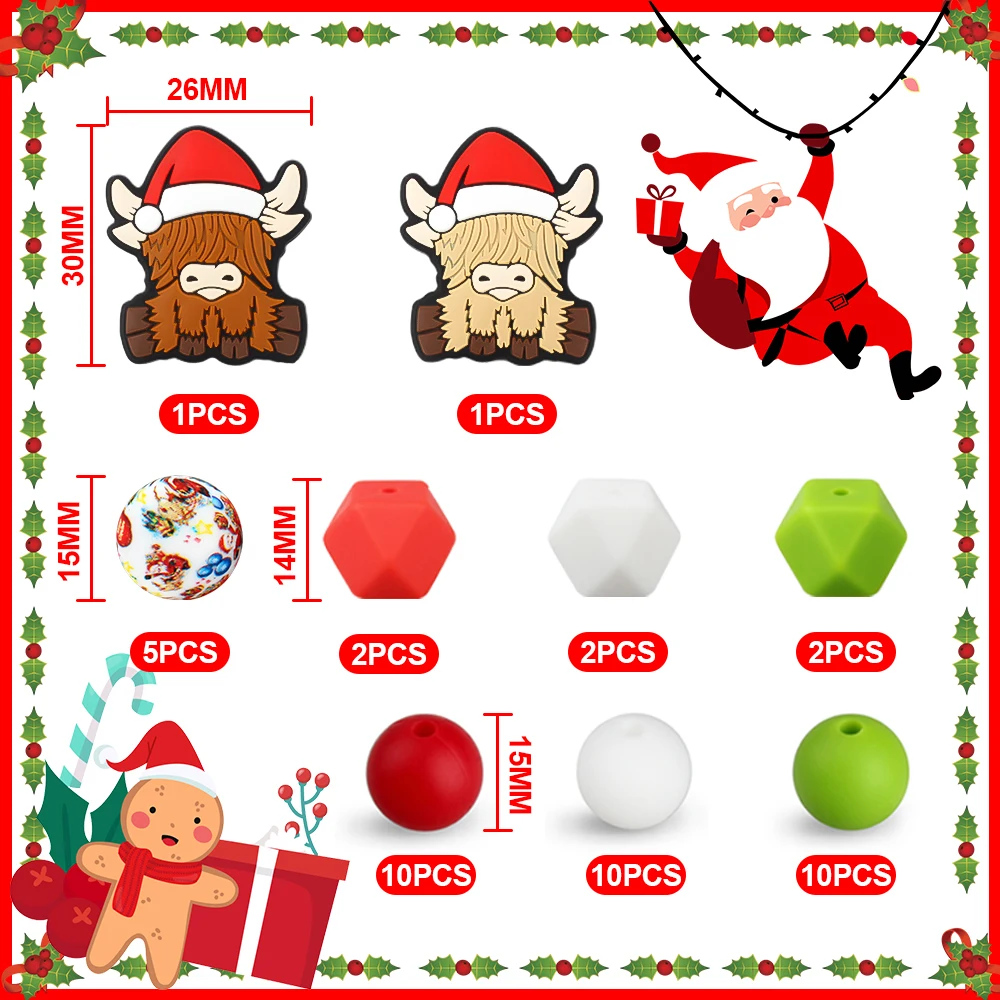 43Pcs Christmas Silicone Focal Beads Santa Printing Round Loose Silicone Beads For Jewelry Making DIY Beaded Pen Festival Decor