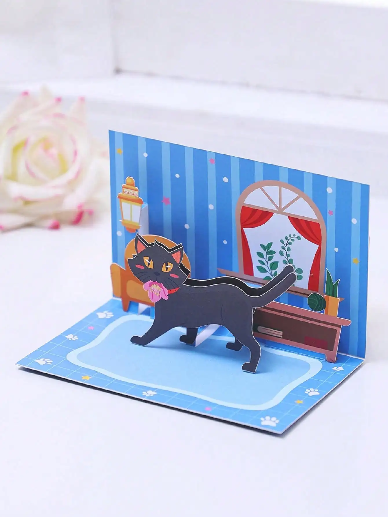 Geburtstagsgrußkarte Blume Katze Pop-Up - Lucky Black Cat Blumenmuster Geschenk