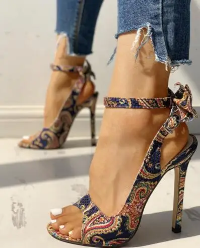 Summer Blue Black Mixed Color Ethnic Printing Peep Toe Slingback Sandals Women Small Butterfly Knot Thin High Heel Leisure Shoes