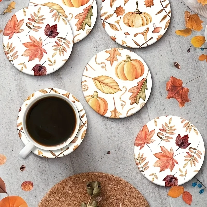 6PCS 2D Minimalist Fall Maple Leaf Motif Wooden Cup Mat Heat-Proof Skid-Resistant Household Workplace Ornament Moving Gift