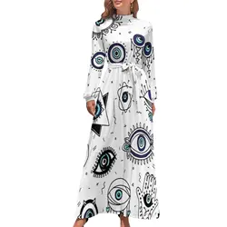 Evil Eyes Dress High Waist Comic Eye Watching Print Boho Beach Dresses Women Long-Sleeve Street Fashion Long Maxi Dress