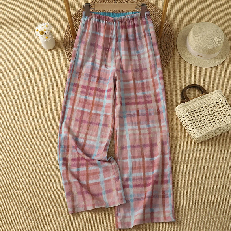 Linen Pant Wide - Regenbogen-Karierte Baumwoll-Leinen-Hose für Damen, Sommer-Neuheit, Leicht,