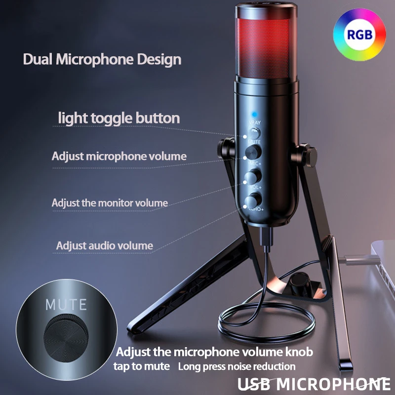 

USB Podcast Microphone for Recording Streaming, Condenser Computer Gaming Mic for PC Mac PS4. Headphone Output&Volume Control