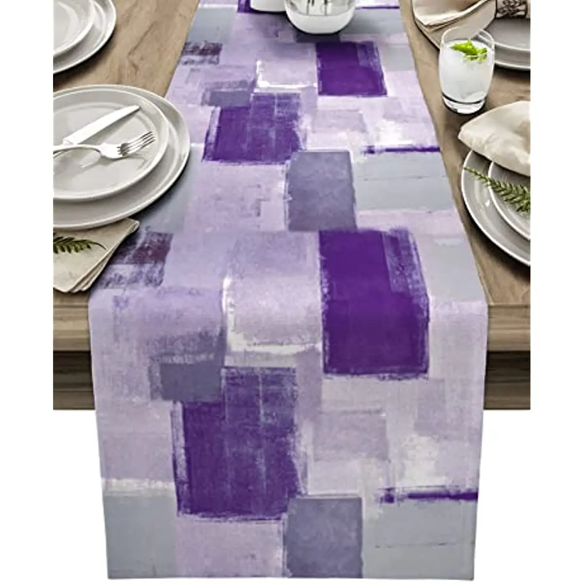 Purple Abstract Graffiti Linen Table Runners Wedding Decoration Washable Farmhouse Table Runners for Dining Table Country Decor