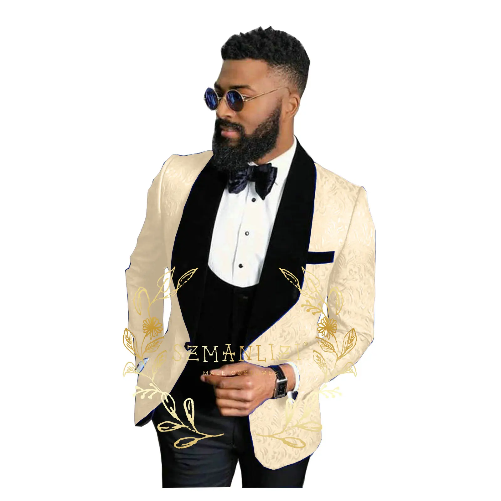 

Handsome Suits For Men Champagne Floral Jacket Mens Suit Slim Fit Formal Wedding Groom Tuxedo 3 Piece Blazer Vest Pant Sets