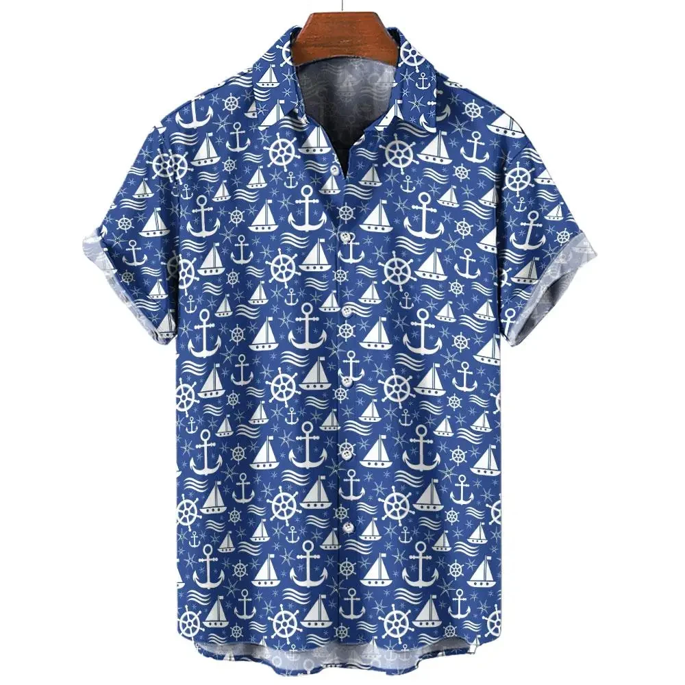 Men's Shirt Ship's anchor 3D Print Men's Clothing Oversized Summer 2024 New Travel Hawaii Beach Hawaiian Harajuku Shirt