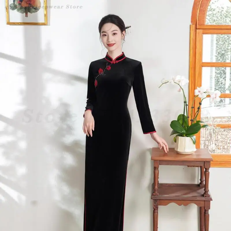 

Vintage Women Velvet Qipao Spring Autumn New Cheongsam Long Sleeve Vestidos Female Plus Size 3XL Chinese Evening Wedding Dress