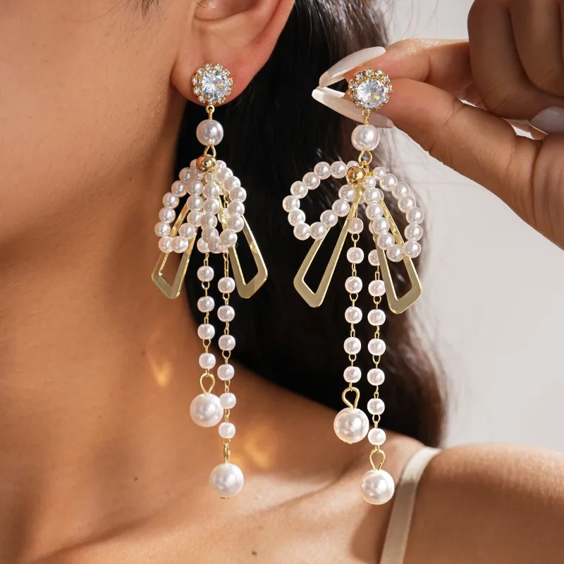 

French luxury pearl bow tassel earrings elegant long style banquet wedding/daily wear jewelry gifts