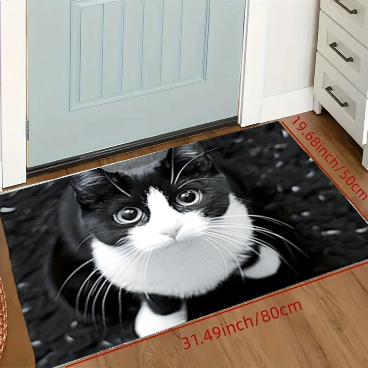 1pc 2D Flat Black And White Cat Face Close Up Photo Realistic Flannel Door Mat Non Slip Pet Portrait Rug For Entryway Kitchen
