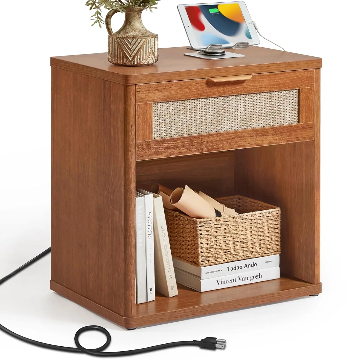 

Rattan Nightstands Set of 2 with Charging Station, Tea Brown Night Stand with Drawer, 23" Wide Boho Bedside Table, Customized
