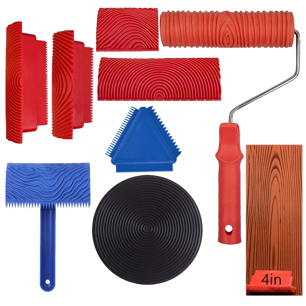 Wood Graining Tool Set Fake Wood Grain Roller Painting Tool with Handle DIY Rubber Graining Tool for Wall Art Paint Decoration