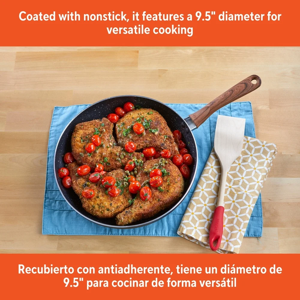 Nonstick Fry Pan Aluminum with Wood Look Handle Kitchen Essential Frying Sautéing Stirfrying Lightweight Easy Clean Cookware