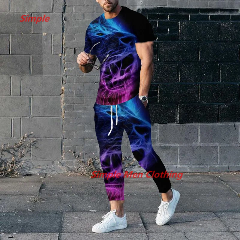 New Men's Trousers Tracksuit 2 Piece Set Men Jogger Sportswear Short Sleeve T Shirt+Men t shirt Long Pants Set Men Clothing