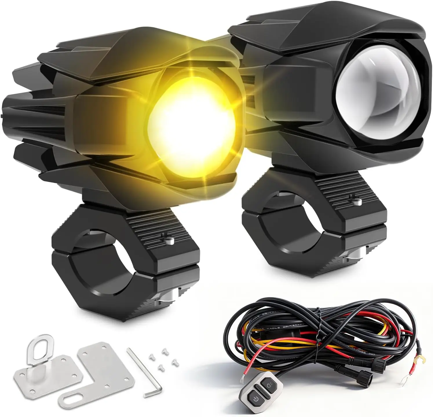LED Motorcycle Fog Lights 60W 18000LM Driving Auxiliary Lights 7 Modes Amber White Light Combo with Waterproof Wire Harness Kit