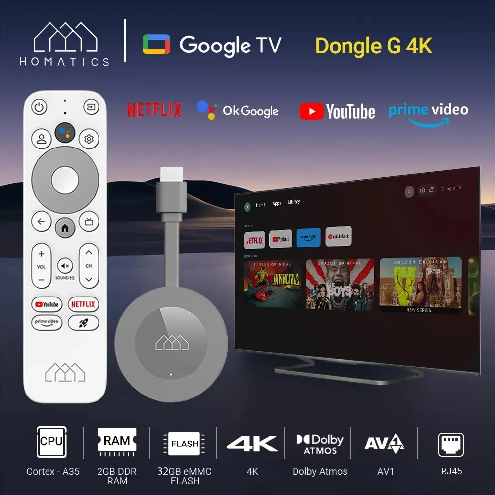 HOMATICS Dongle G 4K TV Stick with Netflix 4K Google Certified 2G32G Amlogic S905Y4 Support Dolby Atmos AV1 H.265 2T2R Wifi Box