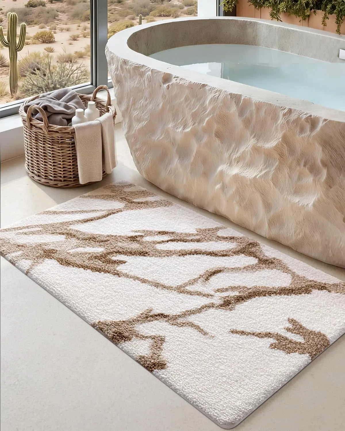 

Soft Absorbent Marble Bath Mat 24x43, Non-Slip Machine Washable Rug for Shower Tub Sink in White Beige