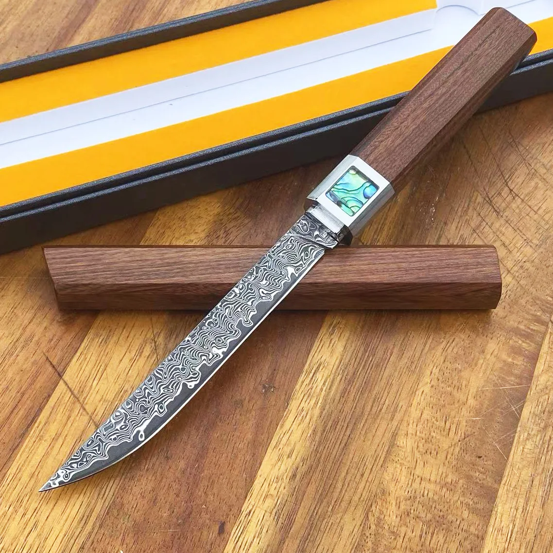

New Damascus Steel Drop Point Blade Wood Handles Outdoor Camping Survival Knife Self Defense Hunting Tool with Gift Box