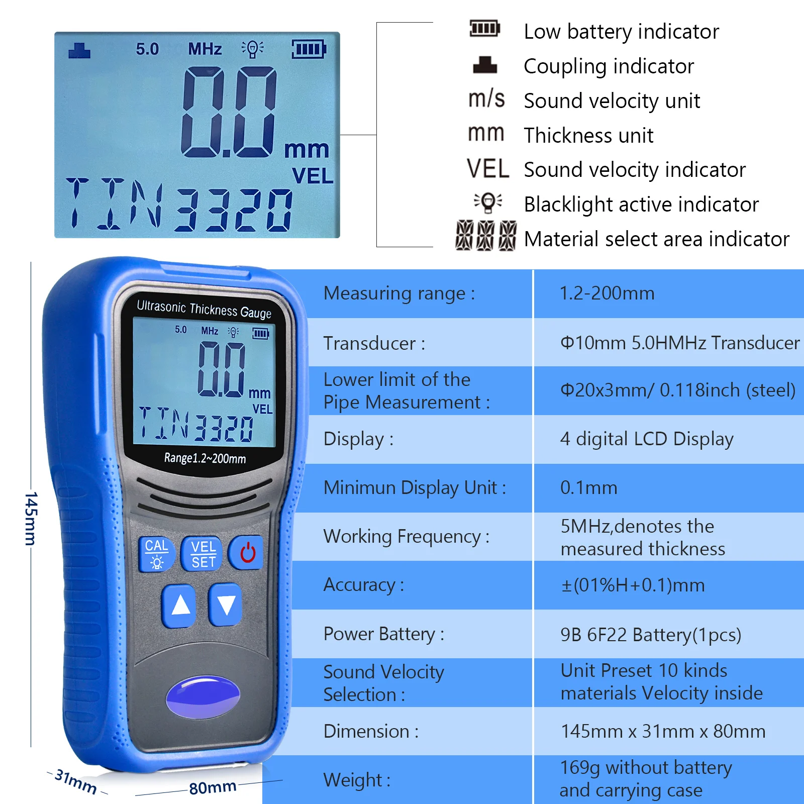 Ultrasonic Thickness Gauge For Cars Metal Meters Paint Thickness Tester Measurement 1.2-200mm Suitable For Various Materials