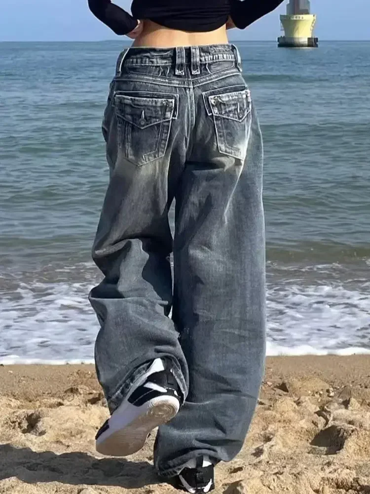 HOUZHOU Vintage Y2k Blue Jeans Women Harajuku Baggy Washed Wide Leg Jeans Female Streetwear Korean Fashion Denim Trousers Grunge