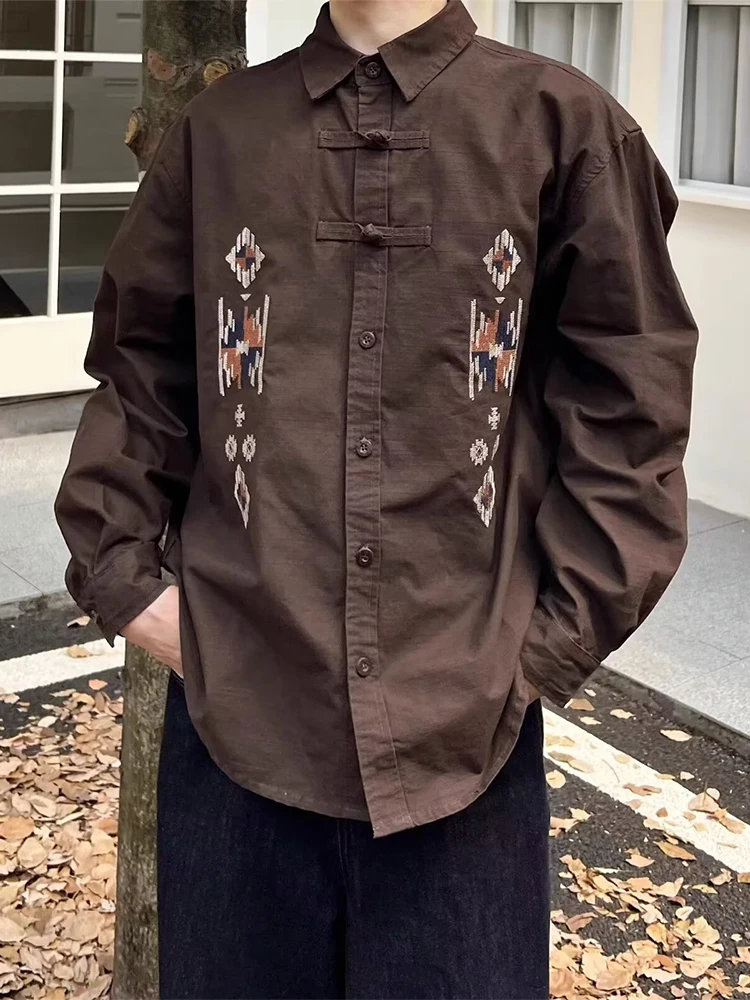 

Cé Brown Long Sve Men's irt Chinese Sle Embroidery Button up Casual Faionable Winter Season Traditional Design Top