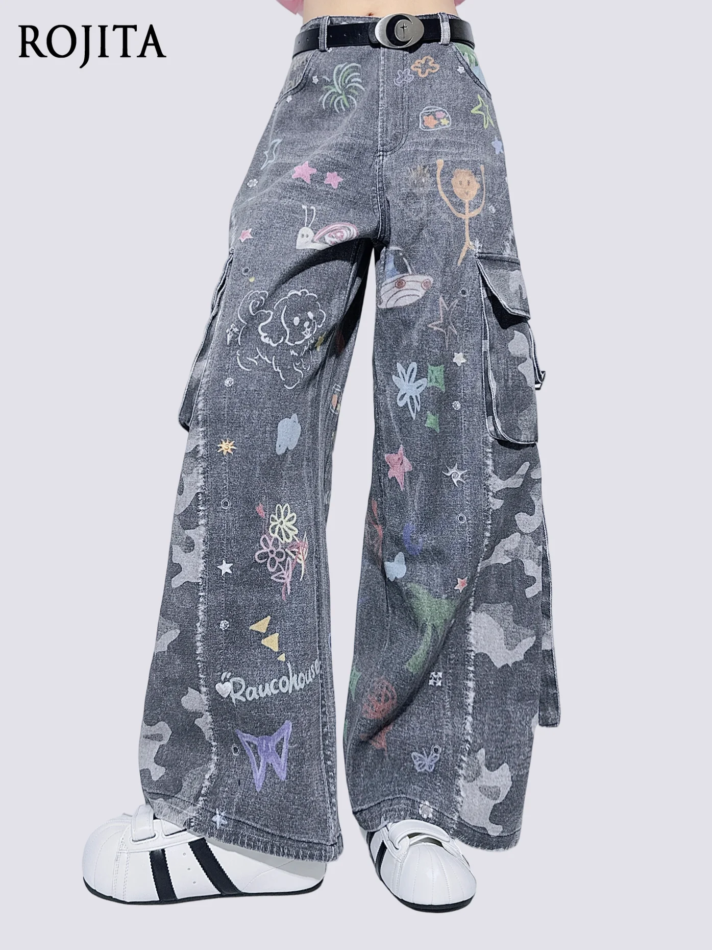 

Designed Multi-Pocket High-Waisted Jeans Japanese Style Straight Wide-Leg Cute Printed Cargo Pants 2025 New Blue Jeans for Women