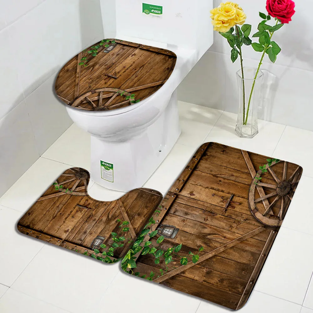 Farm Barn Wooden Door Bath Mat Set Brown Wood Wheel Purple Flower Flannel Carpet Bathroom Decorative Floor Rugs Toilet Lid Cover