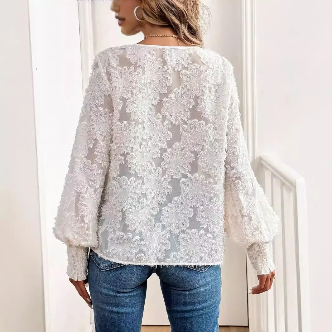 

Europe, America 2025 Spring New Ya Ladies V-Neck Lantern Sleeve Embroidery Casual Romantic White Shirt Top
