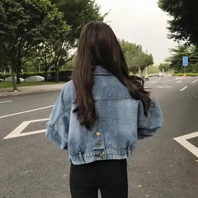 Cropped Denim Jacket Women Korean Fashion Back Split Buttons Up Bomber Jacket Female Lapel Long Sleeve Jeans Coats 2024