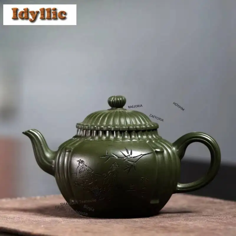 210ml Vintage Yixing Purple Clay Teapots Handmade Bamboo Chess Pot Raw Ore Emerald Green Mud Kettle Zisha Teaset Tableware Craft