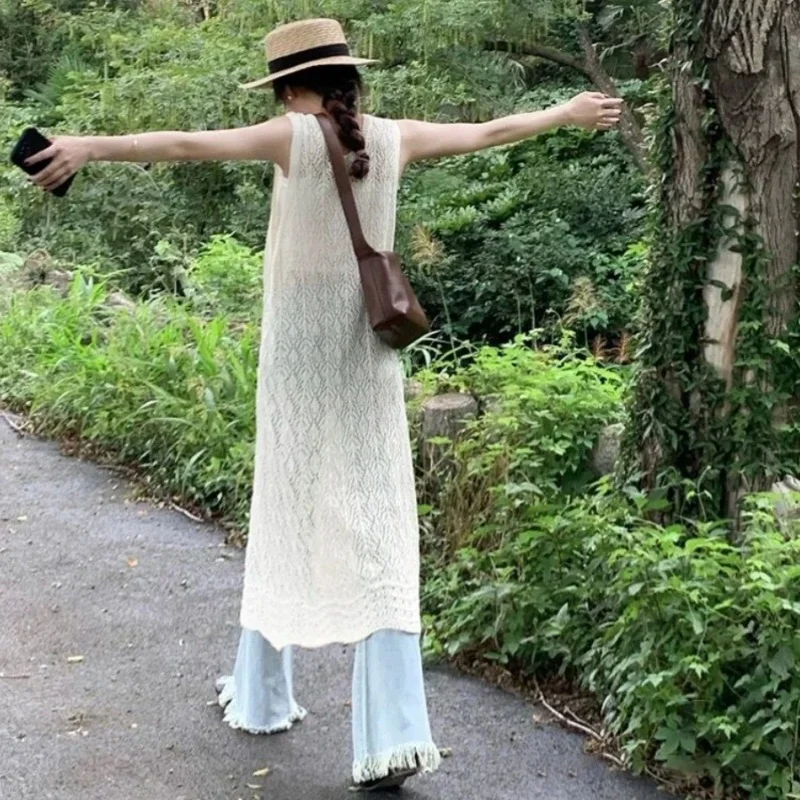 Bohemian Ethnic Style 2024 Summer New Women Fashion Fairy Niche Layered Sleeveless Knitted Backless Long Skirt O-Neck Thin Dress