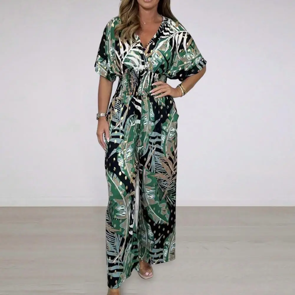 

Plant Print Romper Stylish Women's Floral Print Jumpsuits V-neck Romper Elastic High Waist Wide-leg Pants for Summer Beach