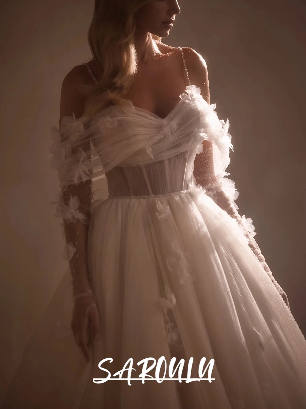 

Elegant Ball Gown Wedding Dress Off-the-Shoulder Tulle 3D Floral Decor Fitted Waist Ethereal Romantic Bridal Gown For Bride