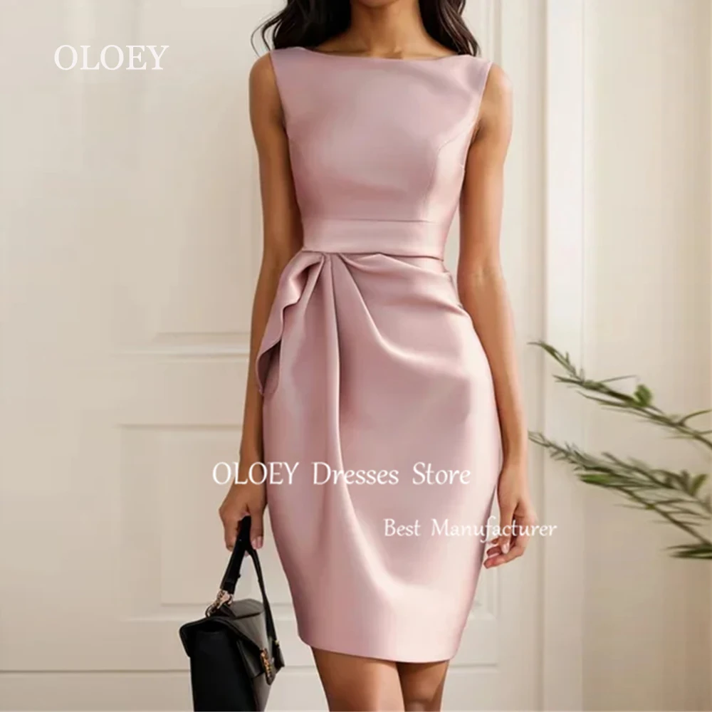 

OLOEY Modest Pink Mini Prom Cocktail Dress Back Slit Pleats Satin Short Wedding Party Dress Straight Sleeveless Custom Made