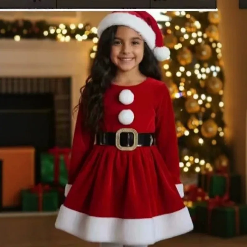 2026 European and American Christmas Children's Clothing Girls Long Sleeves Red Dress Party Dress Up Santa Claus