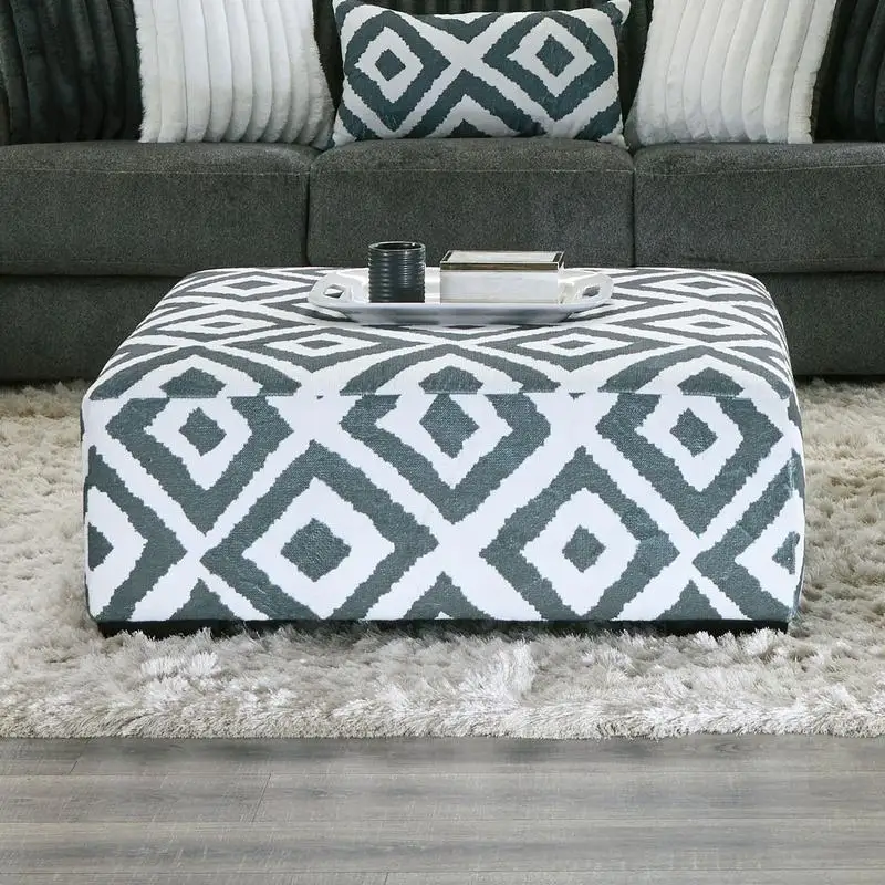 

Transitional Upholstered Ottoman with Solid Wood Structure and Legs in Gunmetal and Ivory