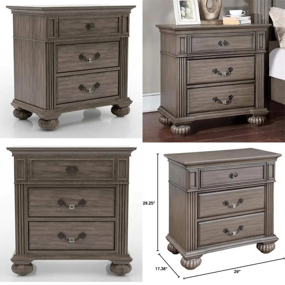 Gray Solid Wood 3-Drawer Nightstand - Modern Bedroom Furniture with Storage for Small Spaces