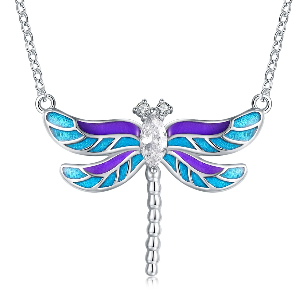 Gradient Blue Enamel Dragonfly Pendant Chain New 925 Sterling Silver Animal Zircon Necklace For Women Fine Jewelry Birthday Gift