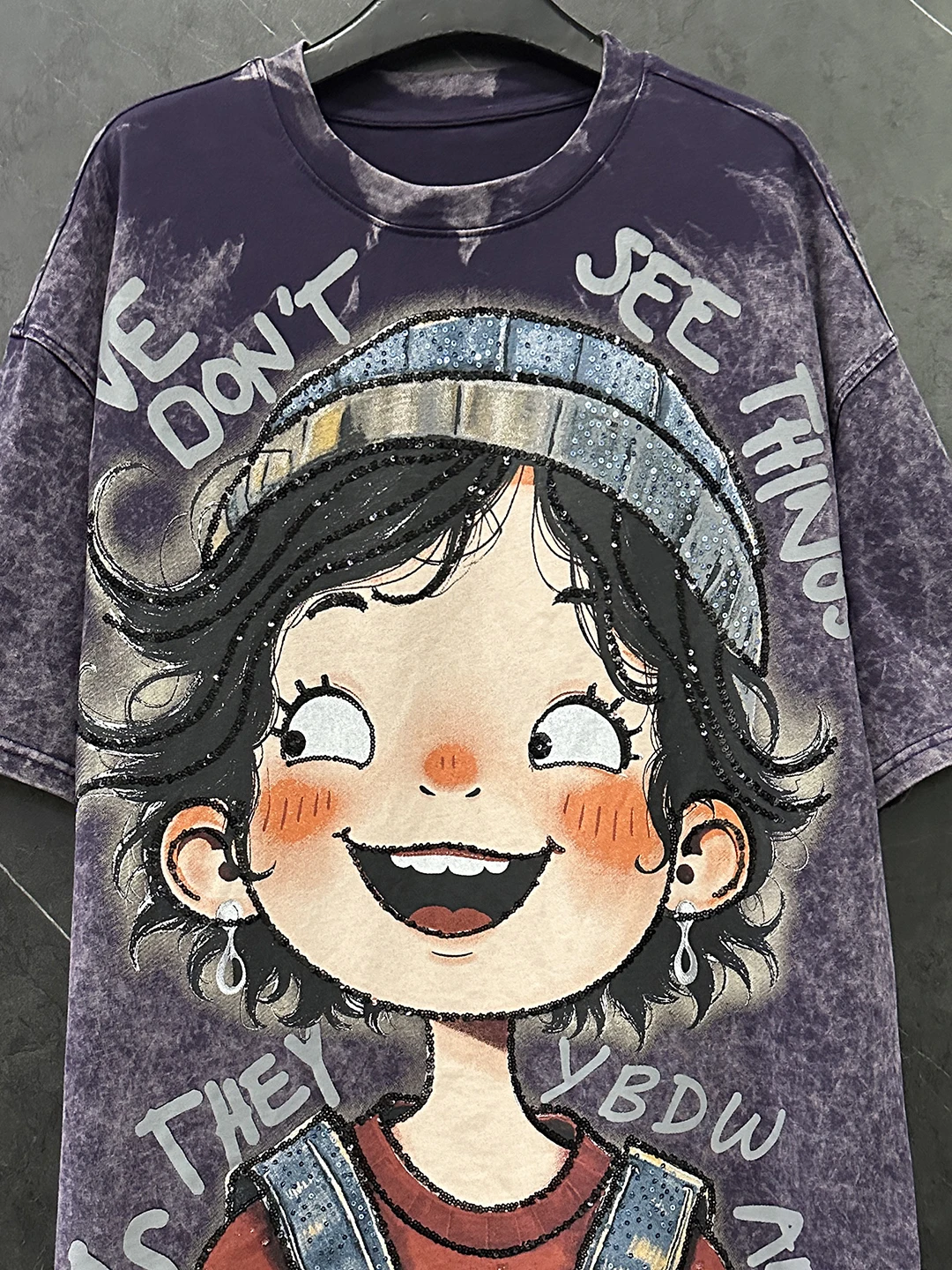 

Fashion Autumn Sequins Cartoon Printed Mid-long Tees Women Oversize O-neck Pullover Top All-match Short Sleeve Casual T-shirt