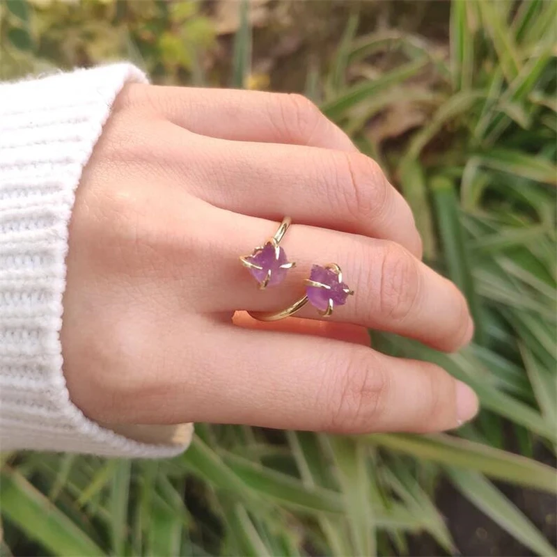 Fashion Natural Stone Powder Crystal Amethyst Adjustable Ring for Women Personalized Stainless Steel Ring Jewelry Accessories
