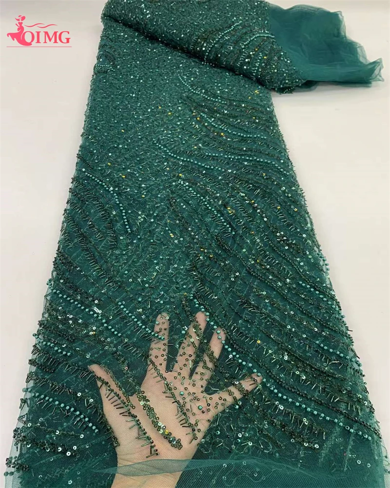 

OIMG 2024 Green French Mesh Embroidery Beaded Lace Fabric With Sequins African Nigerian Fabric For Wedding Dress