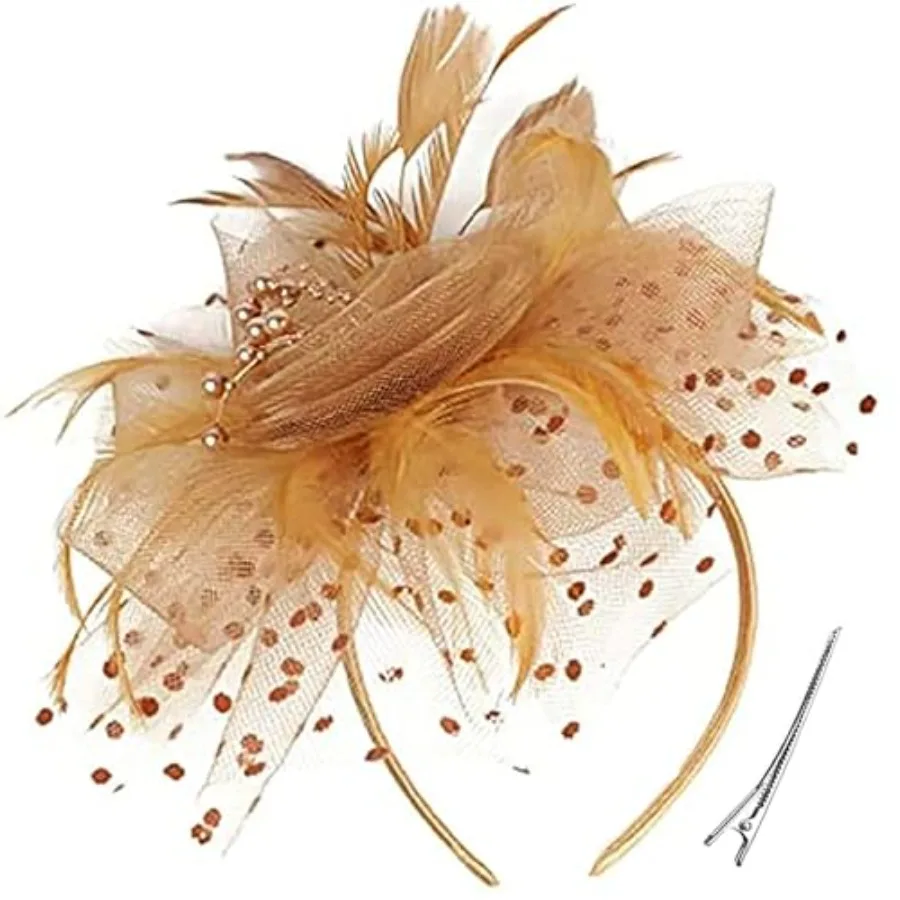 Women's Fascinators Tea Party Wedding Mesh Flower Pearl Feather Fascinator Hat with Headband and Clip