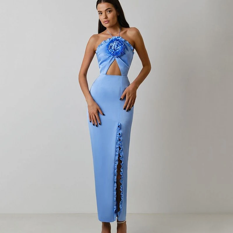 New Sexy Sky Blue Hanging Neck Decorative Flower Dress, Women's   Hem Split Ruffle Edge Small ceremonial dressDress Long Style