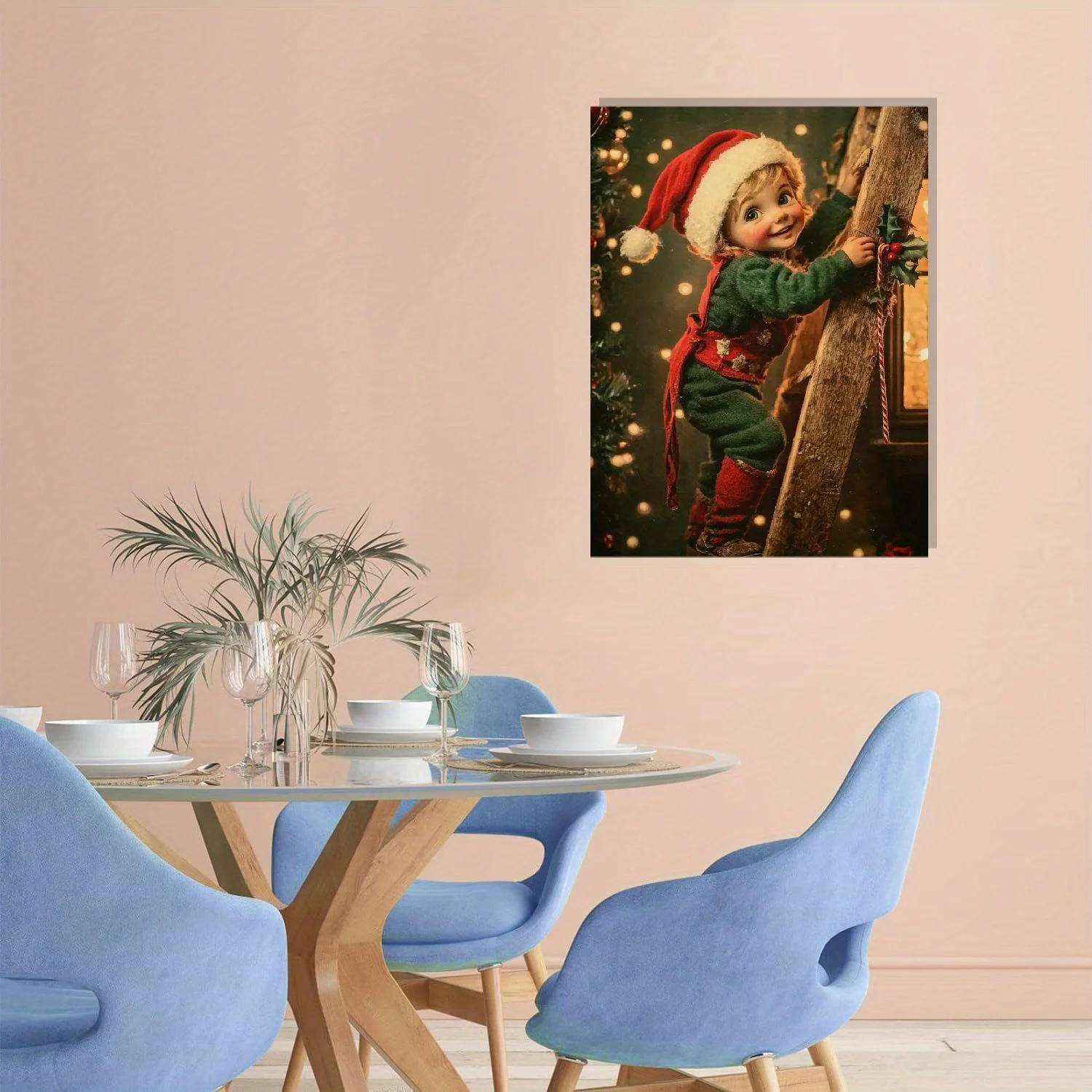 1 Piece Wall Decoration Poster Indoor Home Decor Christmas Elf Wall Decoration for Living Room Bedroom Office and Cafe Framed